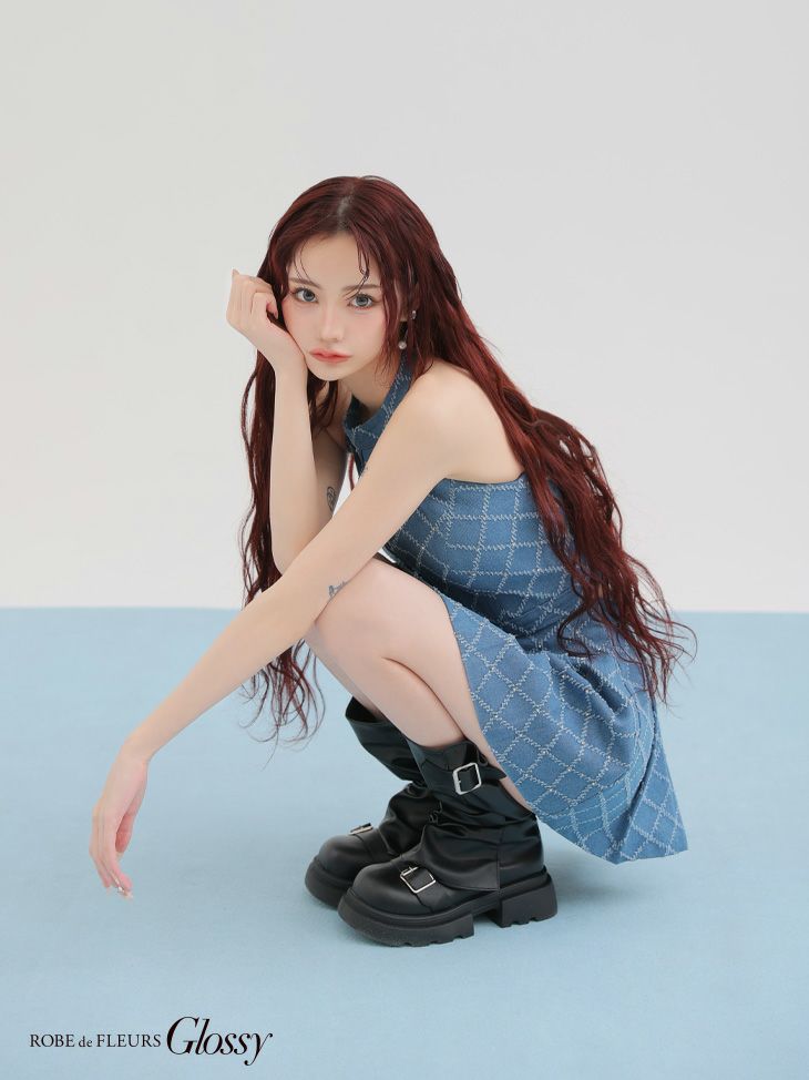 Glossy ローブドフルールグロッシー デニムホルターバストジップフレアミニキャバドレス gl3287