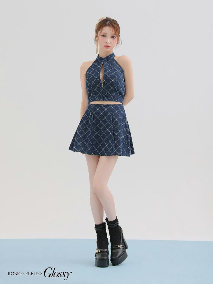 Glossy ローブドフルールグロッシー デニムホルターバストジップフレアミニキャバドレス gl3287