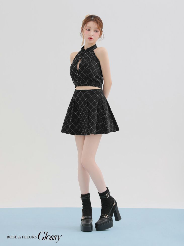 Glossy ローブドフルールグロッシー デニムホルターバストジップフレアミニキャバドレス gl3287