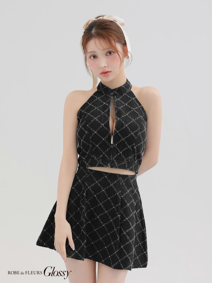 Glossy ローブドフルールグロッシー デニムホルターバストジップフレアミニキャバドレス gl3287