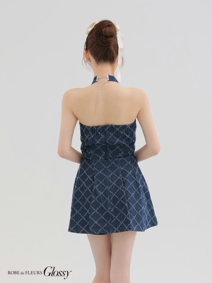 Glossy ローブドフルールグロッシー デニムホルターバストジップフレアミニキャバドレス gl3287