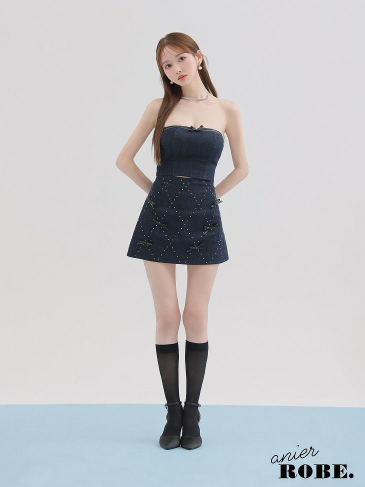 ROBE de FLEURS anier.ROBE ローブドフルール アニエルローブ Leather ribbon denim bare setup mini dress レザーリボンデニムベアトップセットアップミニドレス fm-anier4048