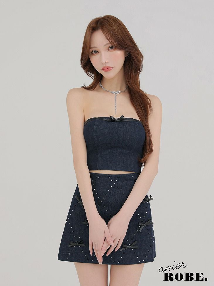 ROBE de FLEURS anier.ROBE ローブドフルール アニエルローブ Leather ribbon denim bare setup mini dress レザーリボンデニムベアトップセットアップミニドレス fm-anier4048