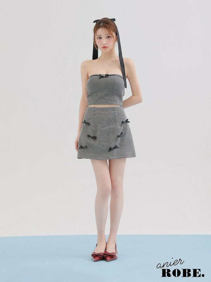 ROBE de FLEURS anier.ROBE ローブドフルール アニエルローブ Leather ribbon denim bare setup mini dress レザーリボンデニムベアトップセットアップミニドレス fm-anier4048