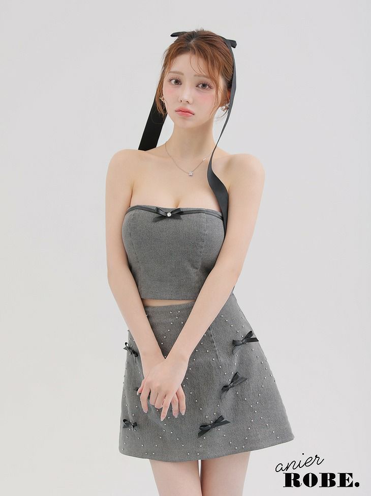 ROBE de FLEURS anier.ROBE ローブドフルール アニエルローブ Leather ribbon denim bare setup mini dress レザーリボンデニムベアトップセットアップミニドレス fm-anier4048