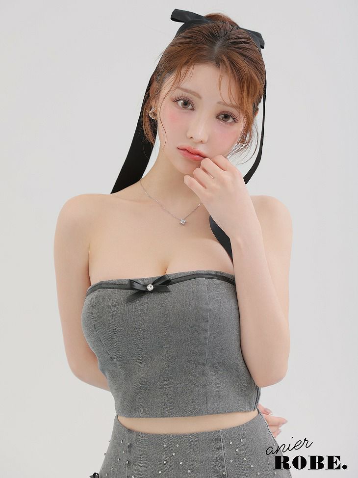 ROBE de FLEURS anier.ROBE ローブドフルール アニエルローブ Leather ribbon denim bare setup mini dress レザーリボンデニムベアトップセットアップミニドレス fm-anier4048