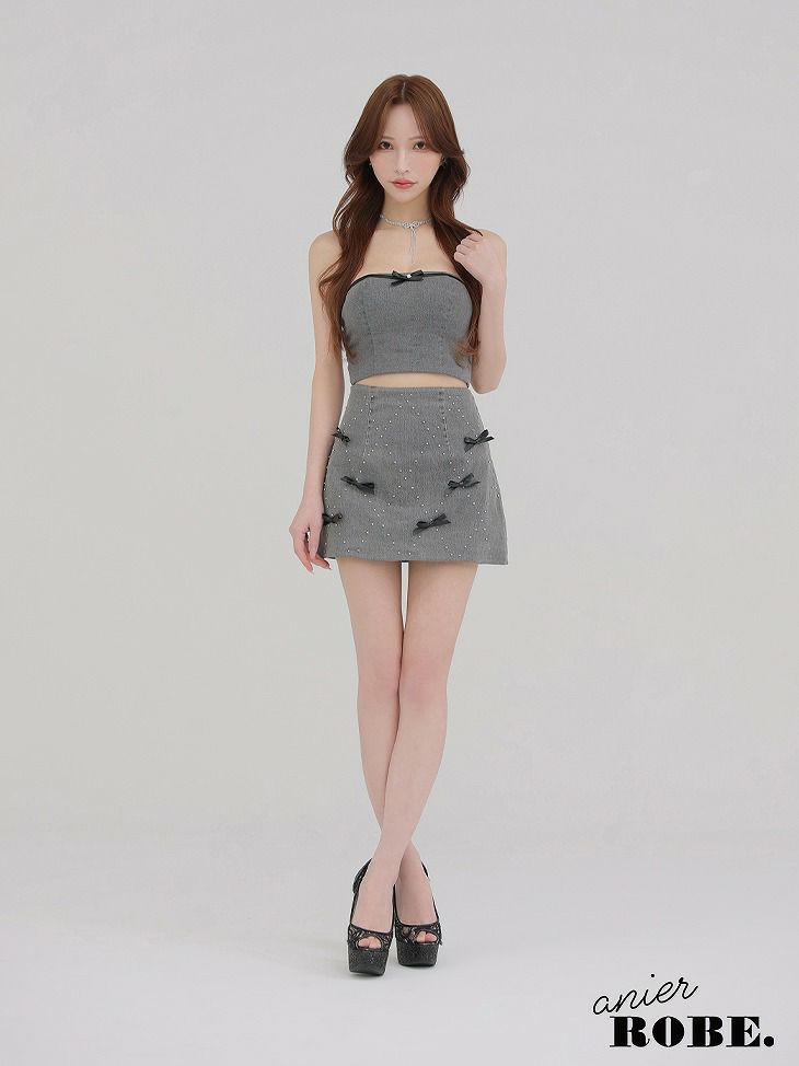 ROBE de FLEURS anier.ROBE ローブドフルール アニエルローブ Leather ribbon denim bare setup mini dress レザーリボンデニムベアトップセットアップミニドレス fm-anier4048