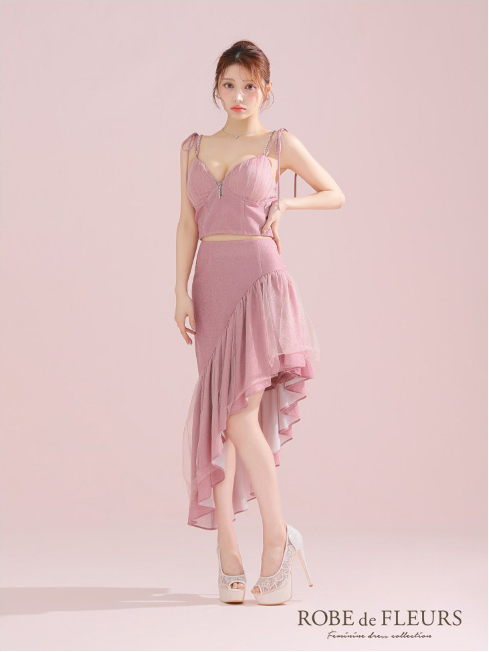 ROBE de FLEURS ローブドフルール アシンメトリーラメニットチュールセットアップキャミキャバドレス fm3295-c