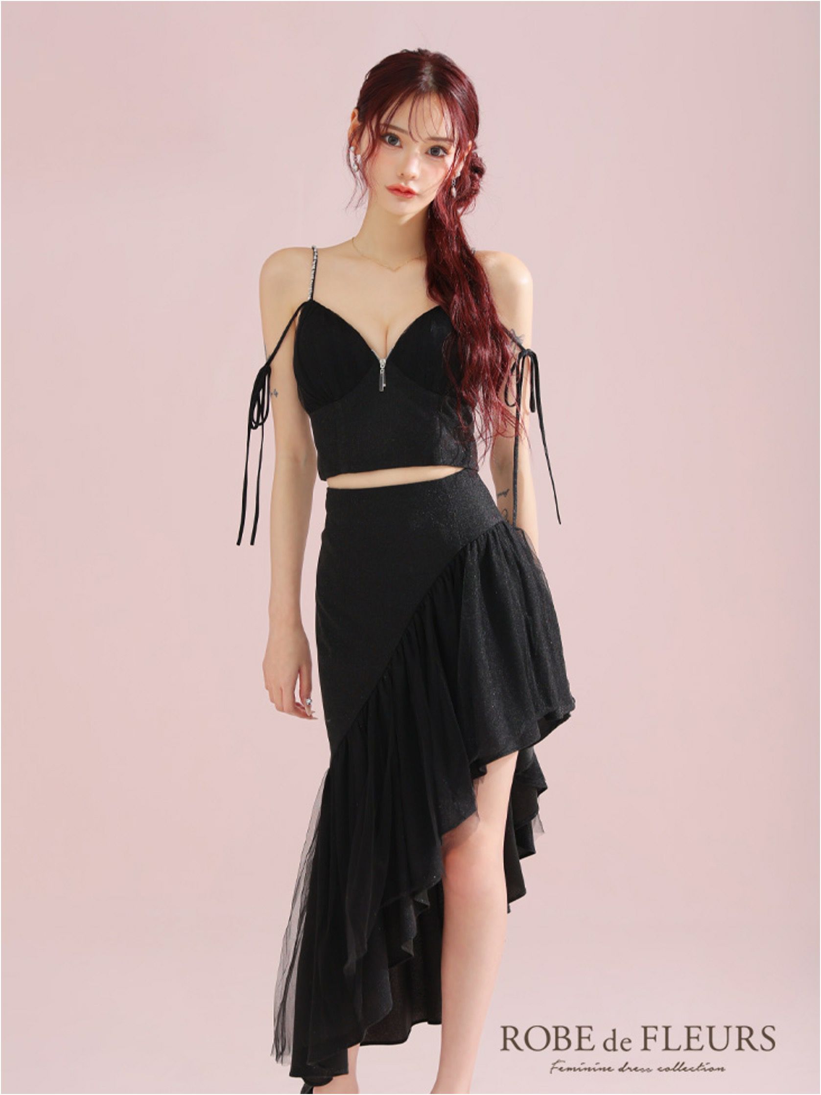 ROBE de FLEURS ローブドフルール アシンメトリーラメニットチュールセットアップキャミキャバドレス fm3295-c