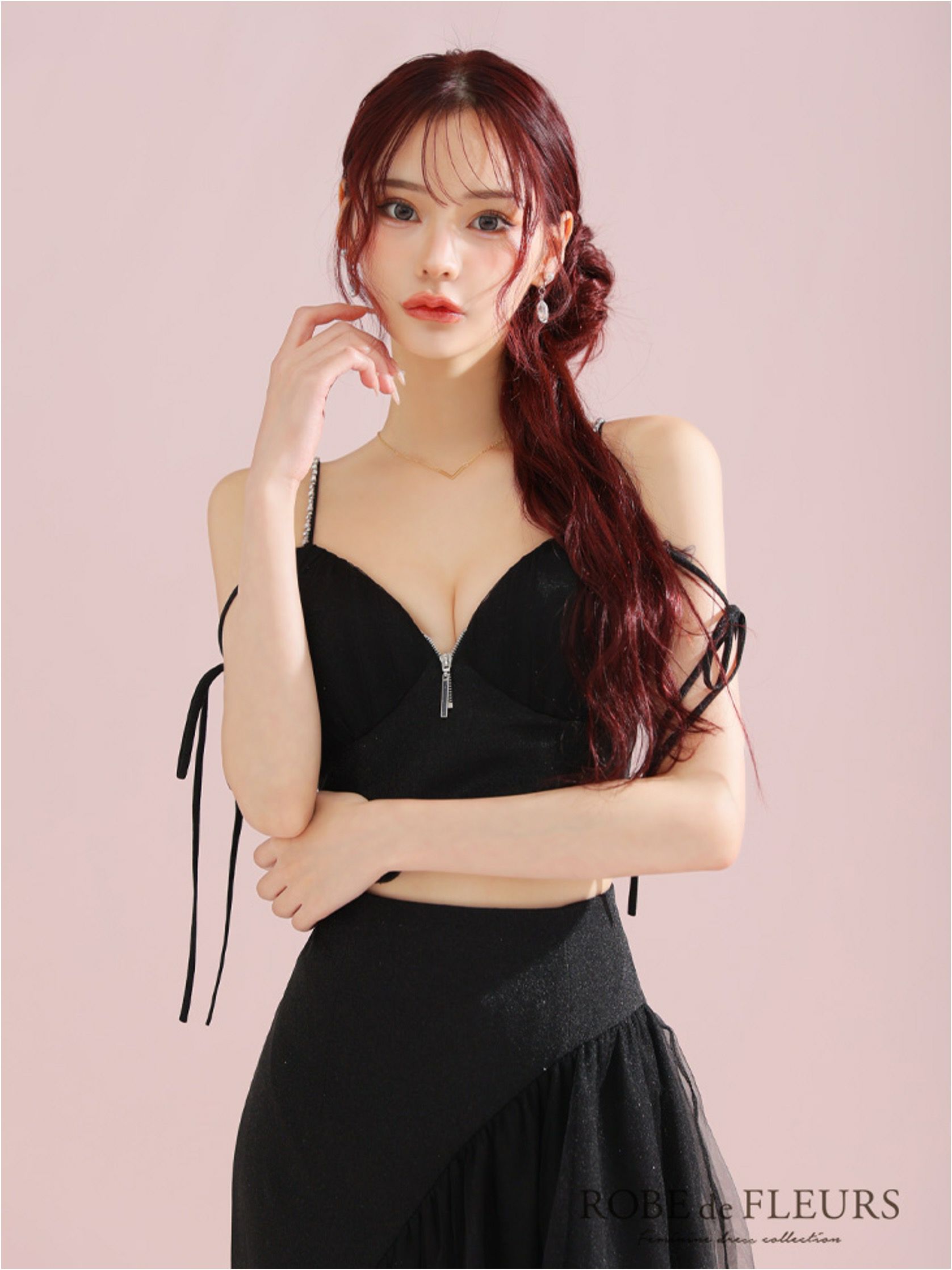 ROBE de FLEURS ローブドフルール アシンメトリーラメニットチュールセットアップキャミキャバドレス fm3295-c