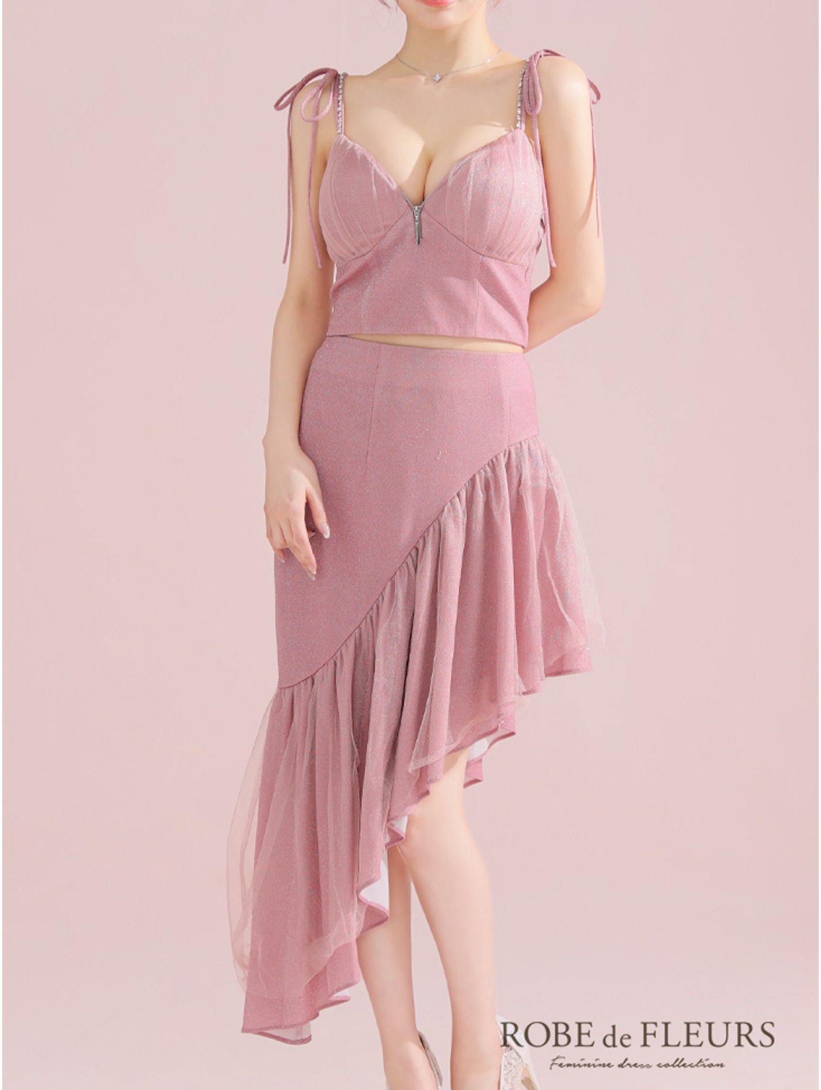 ROBE de FLEURS ローブドフルール アシンメトリーラメニットチュールセットアップキャミキャバドレス fm3295-c