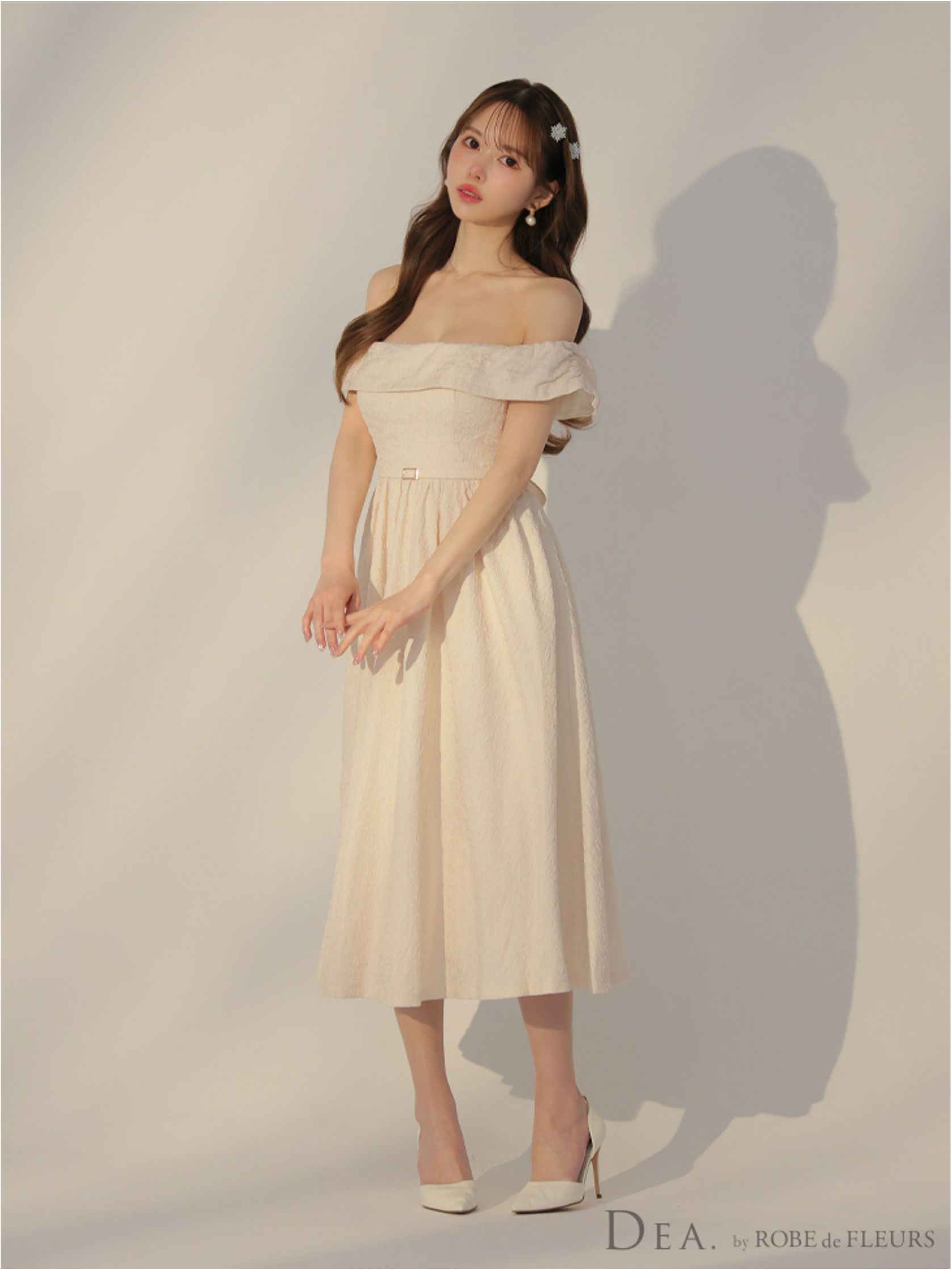 DEA. ディア バイ ローブドフルール オフショルジャガードバックリボンフレアロングキャバドレス de3449-c