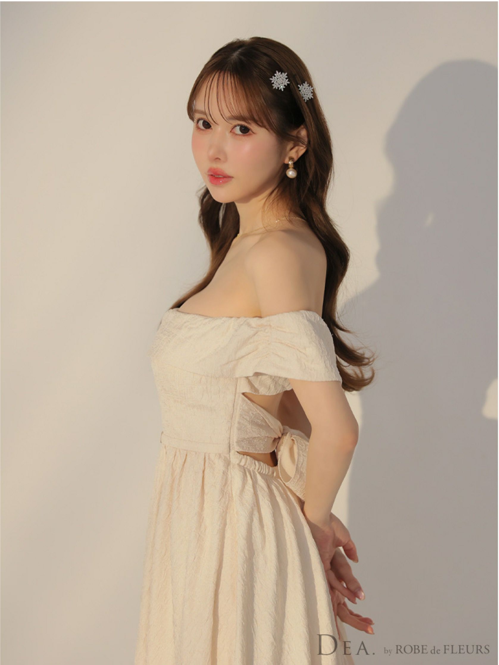 DEA. ディア バイ ローブドフルール オフショルジャガードバックリボンフレアロングキャバドレス de3449-c