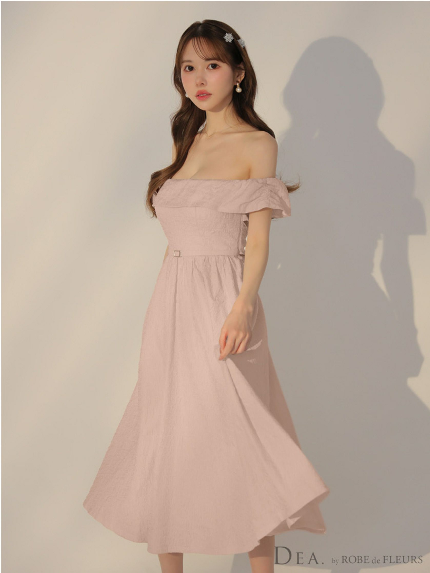 DEA. ディア バイ ローブドフルール オフショルジャガードバックリボンフレアロングキャバドレス de3449-c