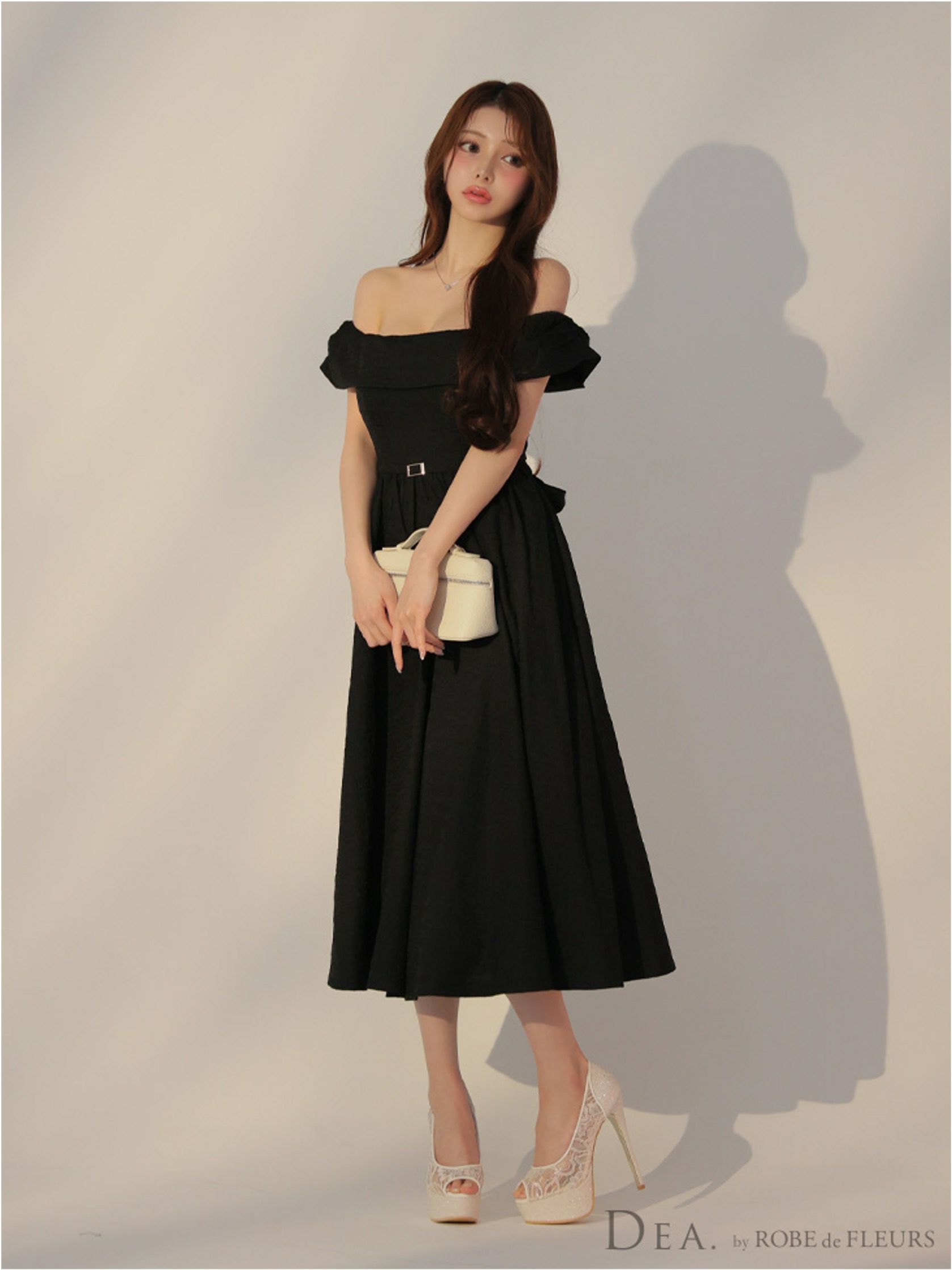 DEA. ディア バイ ローブドフルール オフショルジャガードバックリボンフレアロングキャバドレス de3449-c