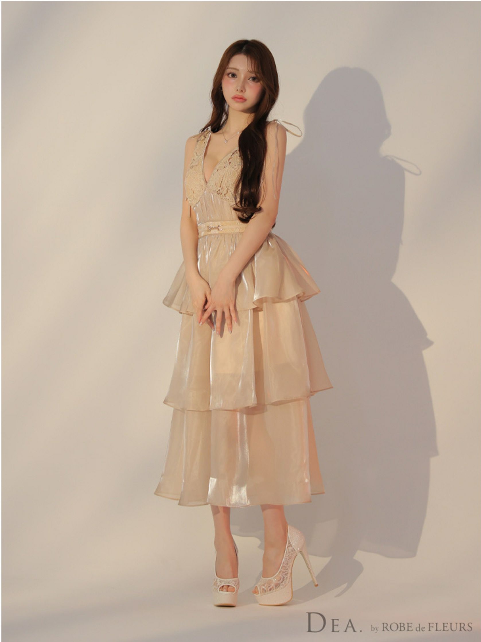 DEA. ディア バイ ローブドフルール ティアードシフォンレースフレアロングキャバドレス de3292-c