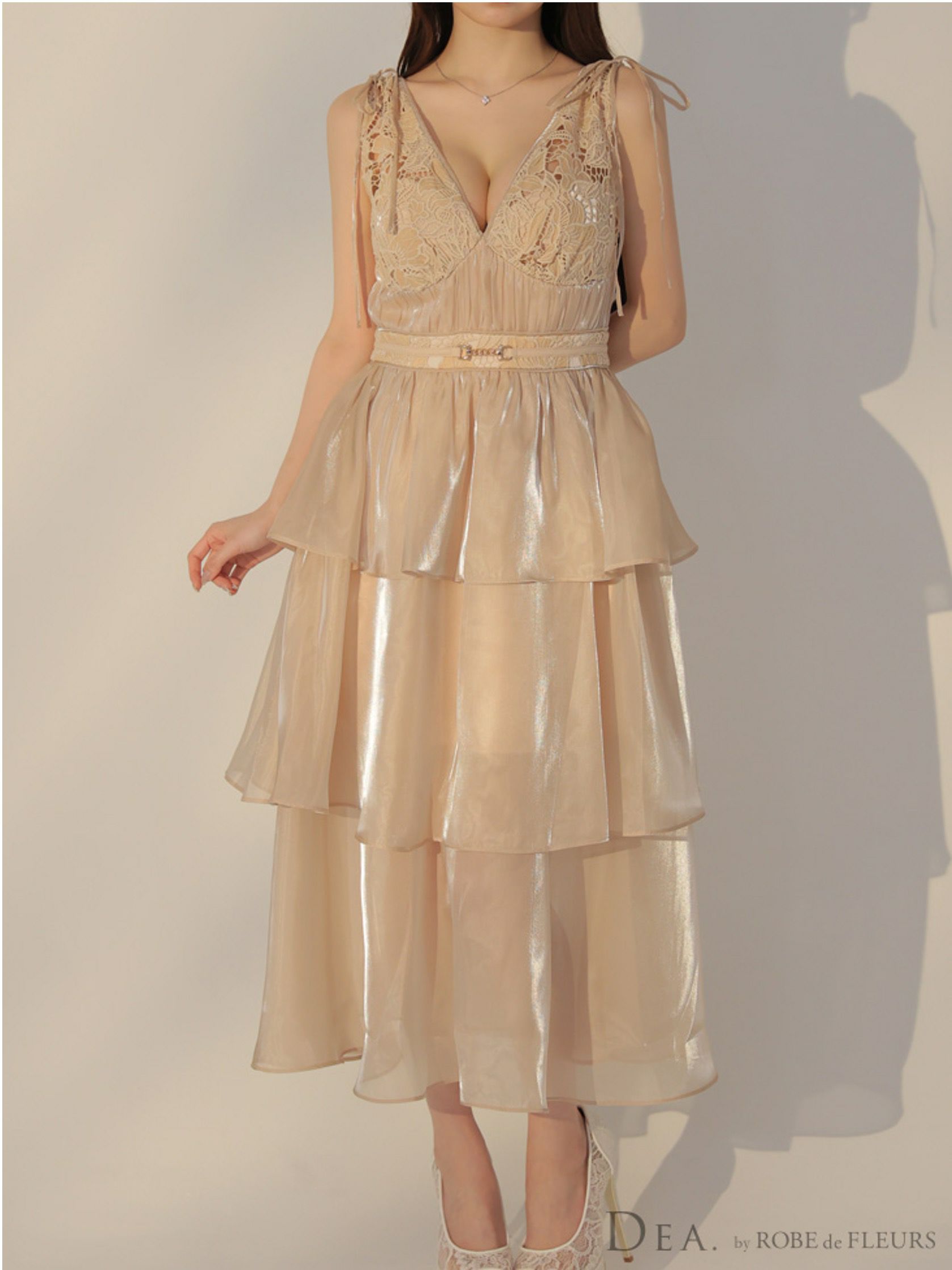 DEA. ディア バイ ローブドフルール ティアードシフォンレースフレアロングキャバドレス de3292-c