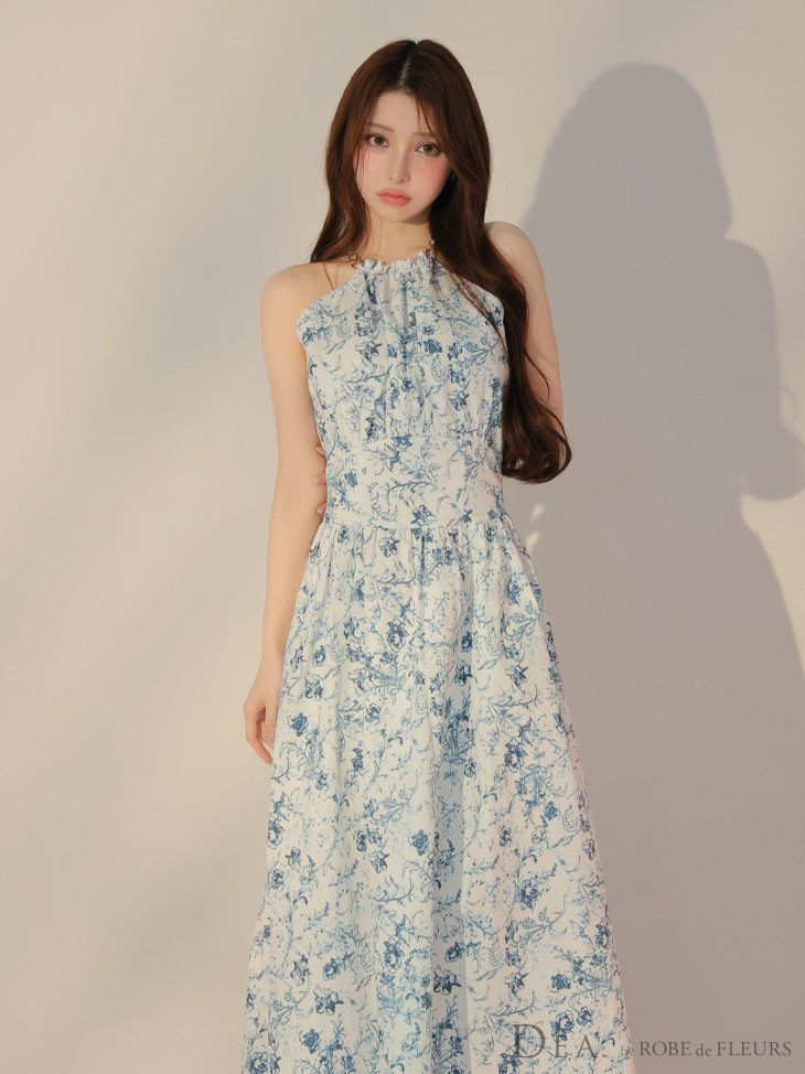 DEA. ディア バイ ローブドフルール 花柄ホルターネックフレアロングキャバドレス de3783