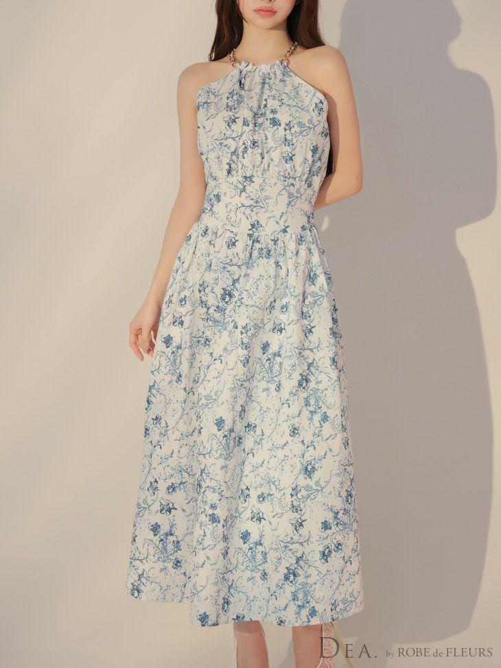 DEA. ディア バイ ローブドフルール 花柄ホルターネックフレアロングキャバドレス de3783