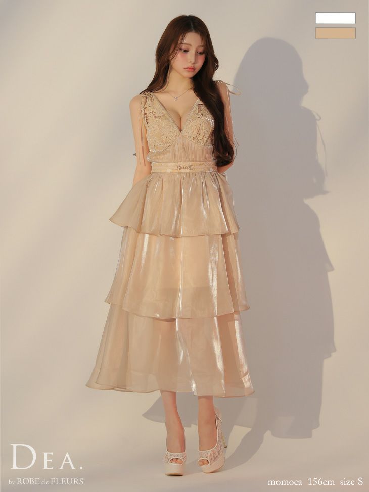 DEA. ディア バイ ローブドフルール ティアードシフォンレースフレアロングキャバドレス de3292