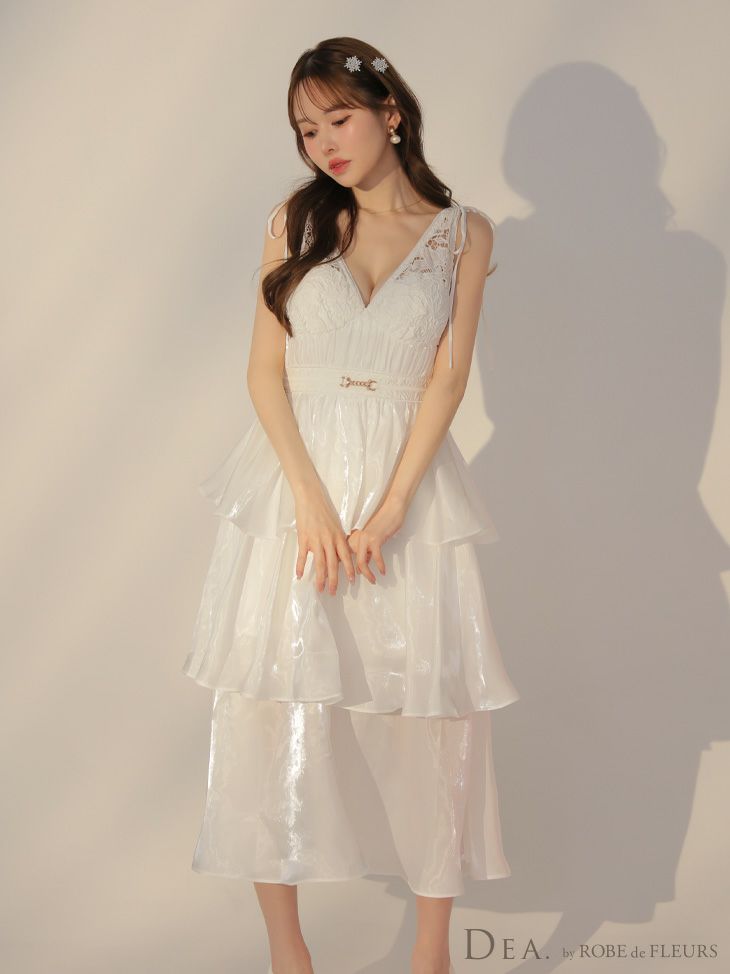 DEA. ディア バイ ローブドフルール ティアードシフォンレースフレアロングキャバドレス de3292