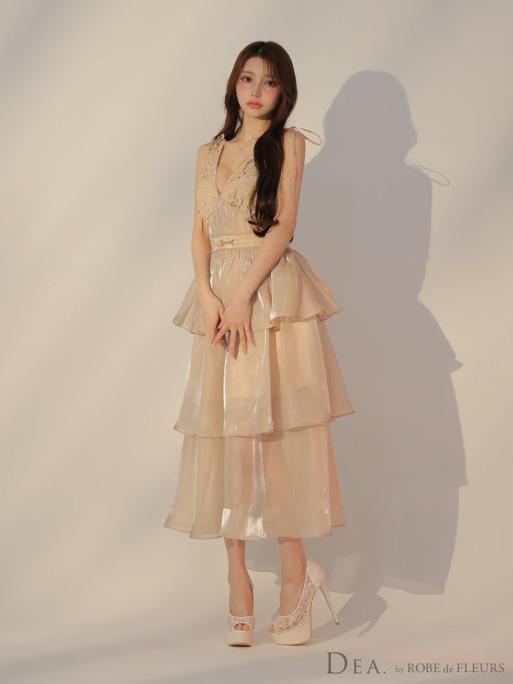 DEA. ディア バイ ローブドフルール ティアードシフォンレースフレアロングキャバドレス de3292