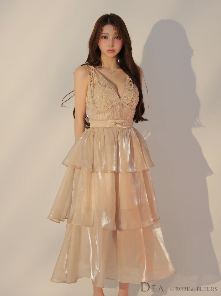 DEA. ディア バイ ローブドフルール ティアードシフォンレースフレアロングキャバドレス de3292