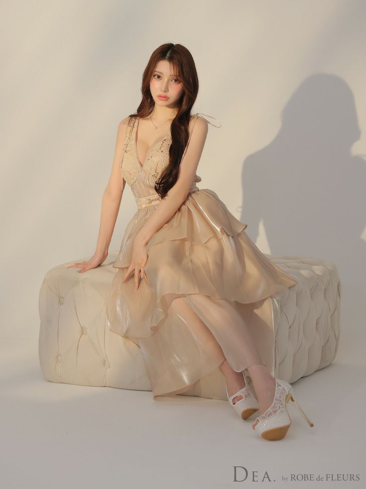 DEA. ディア バイ ローブドフルール ティアードシフォンレースフレアロングキャバドレス de3292