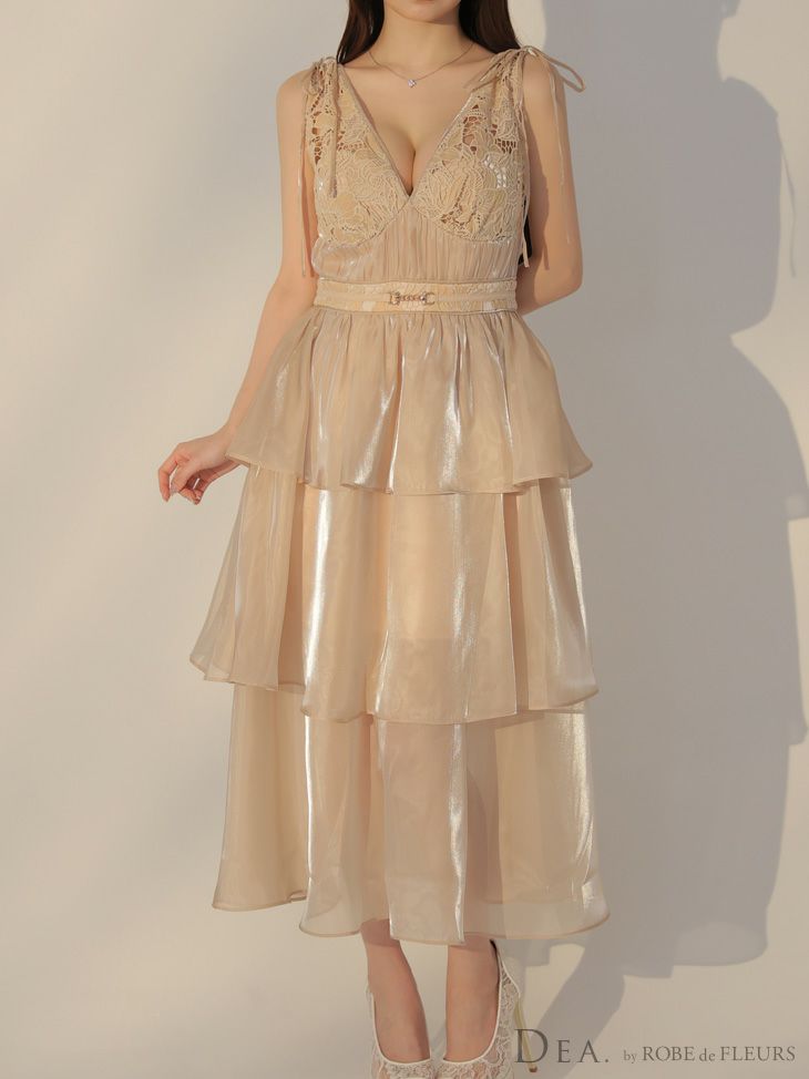 DEA. ディア バイ ローブドフルール ティアードシフォンレースフレアロングキャバドレス de3292