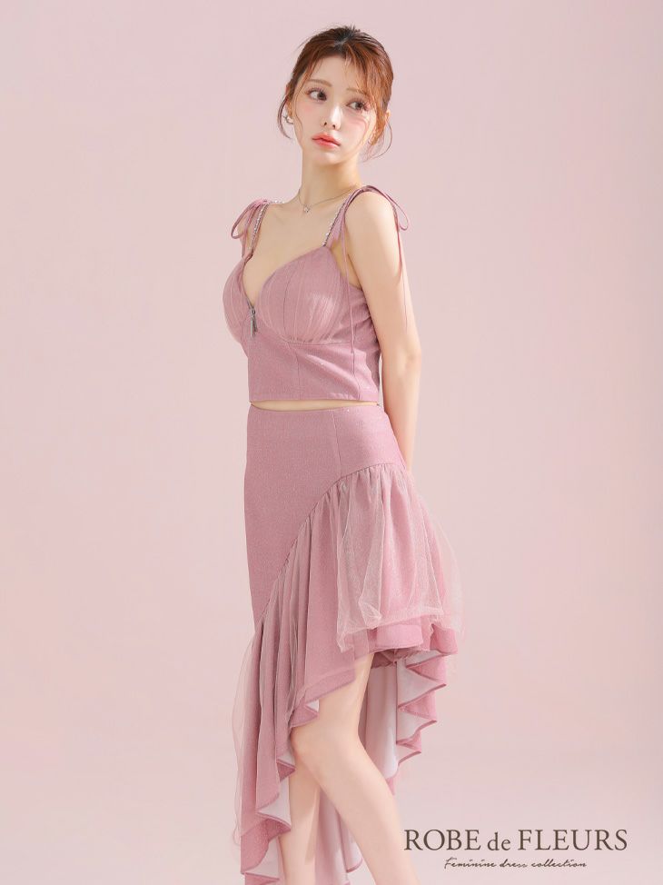 ROBE de FLEURS ローブドフルール アシンメトリーラメニットチュールセットアップキャミキャバドレス fm3295