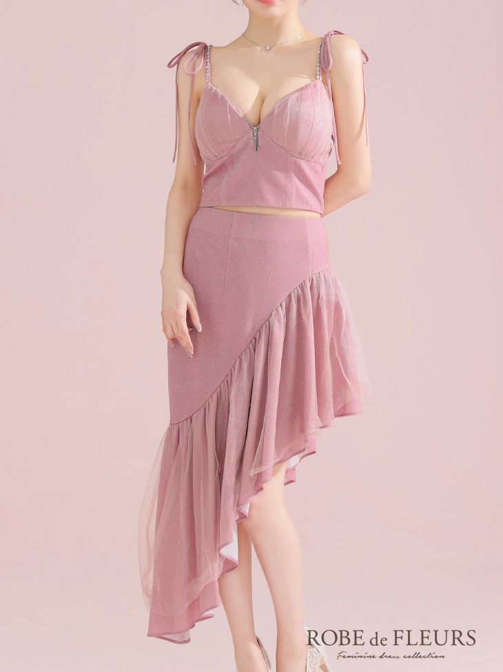 ROBE de FLEURS ローブドフルール アシンメトリーラメニットチュールセットアップキャミキャバドレス fm3295