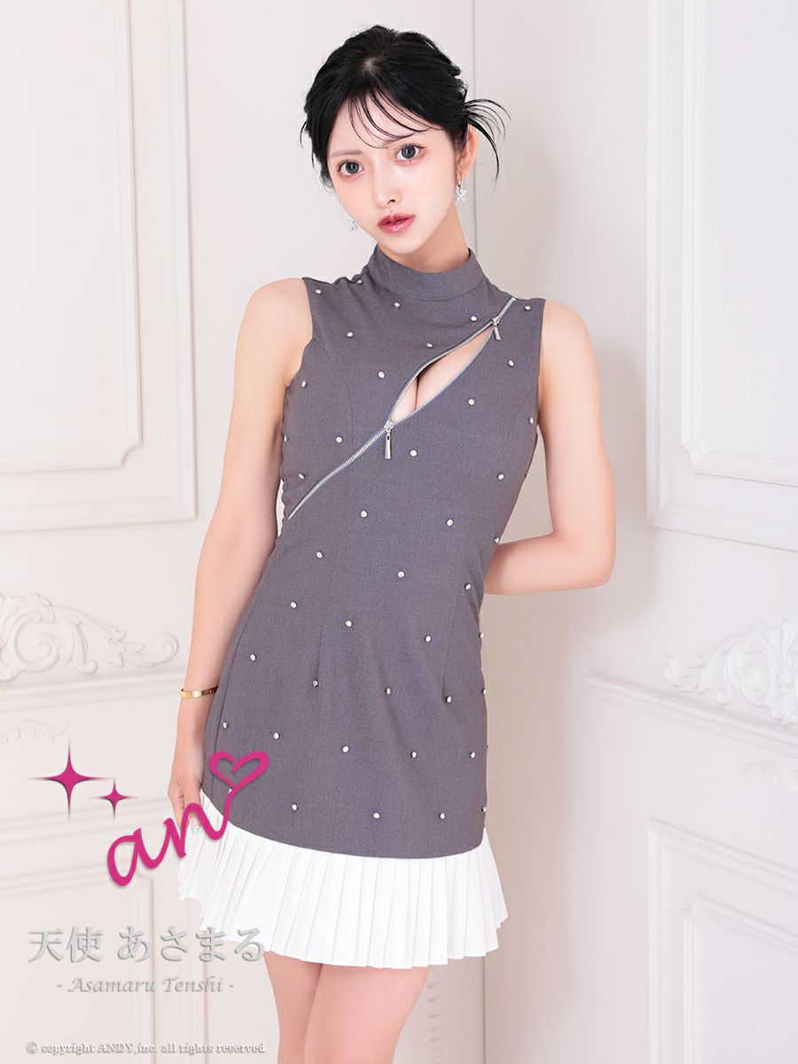 an アン バストジッパー ビジュー ドッキング バイカラー 裾プリーツ フレア ミニドレス ワンピース aoc-3787