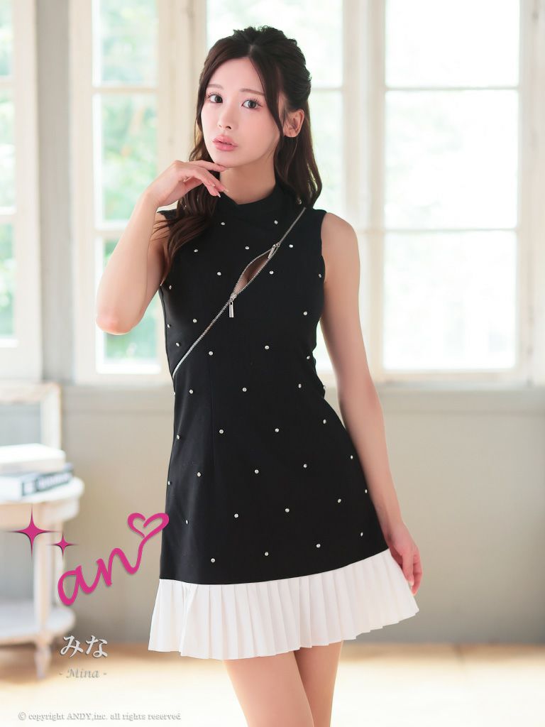an アン バストジッパー ビジュー ドッキング バイカラー 裾プリーツ フレア ミニドレス ワンピース aoc-3787