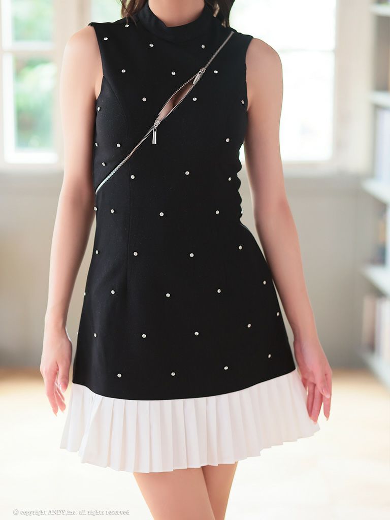 an アン バストジッパー ビジュー ドッキング バイカラー 裾プリーツ フレア ミニドレス ワンピース aoc-3787