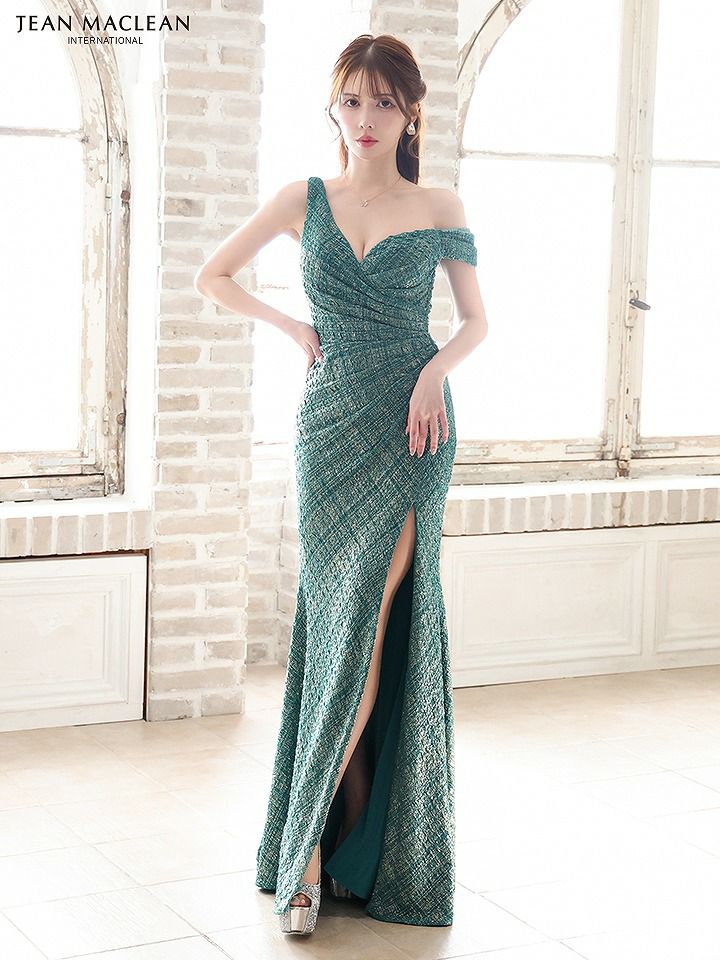 JEAN MACLEAN ジャンマクレーン ワンオフショルダー/グリッターラメニット/ウエストタック/スリット入り/タイト/ロングドレス ja51801-c