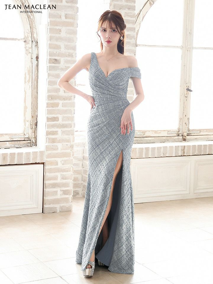 JEAN MACLEAN ジャンマクレーン ワンオフショルダー/グリッターラメニット/ウエストタック/スリット入り/タイト/ロングドレス ja51801-c