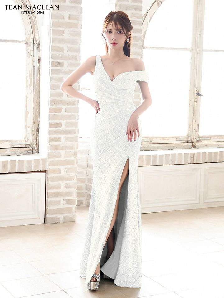 JEAN MACLEAN ジャンマクレーン ワンオフショルダー/グリッターラメニット/ウエストタック/スリット入り/タイト/ロングドレス ja51801-c