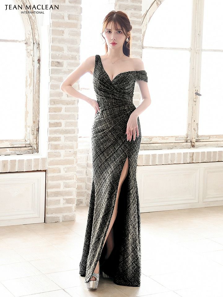 JEAN MACLEAN ジャンマクレーン ワンオフショルダー/グリッターラメニット/ウエストタック/スリット入り/タイト/ロングドレス ja51801-c