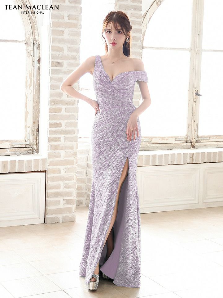 JEAN MACLEAN ジャンマクレーン ワンオフショルダー/グリッターラメニット/ウエストタック/スリット入り/タイト/ロングドレス ja51801-c