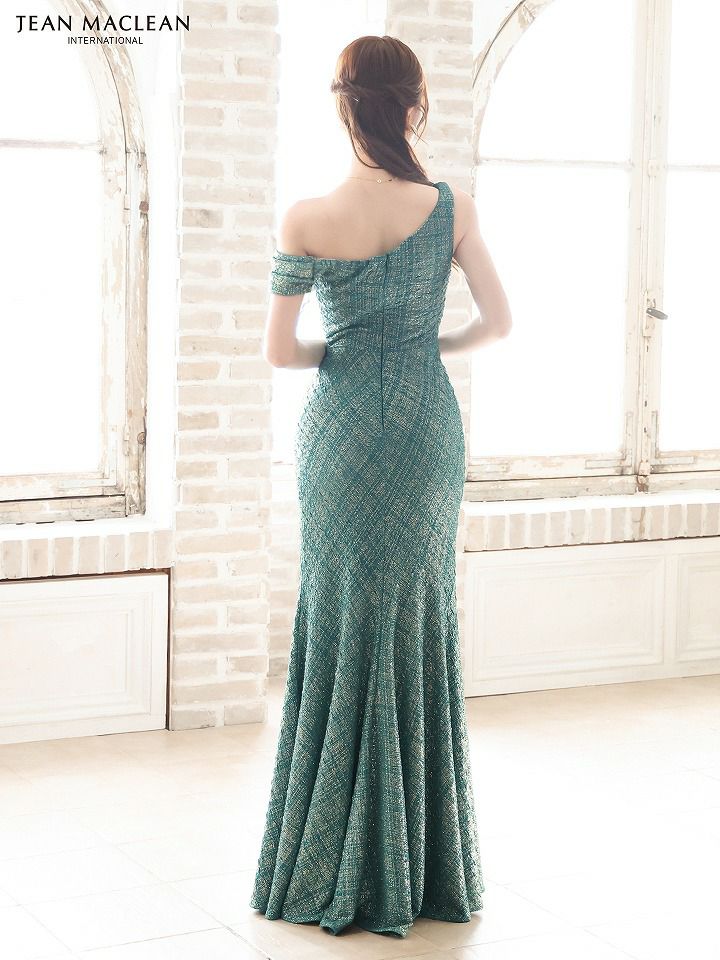 JEAN MACLEAN ジャンマクレーン ワンオフショルダー/グリッターラメニット/ウエストタック/スリット入り/タイト/ロングドレス ja51801-c