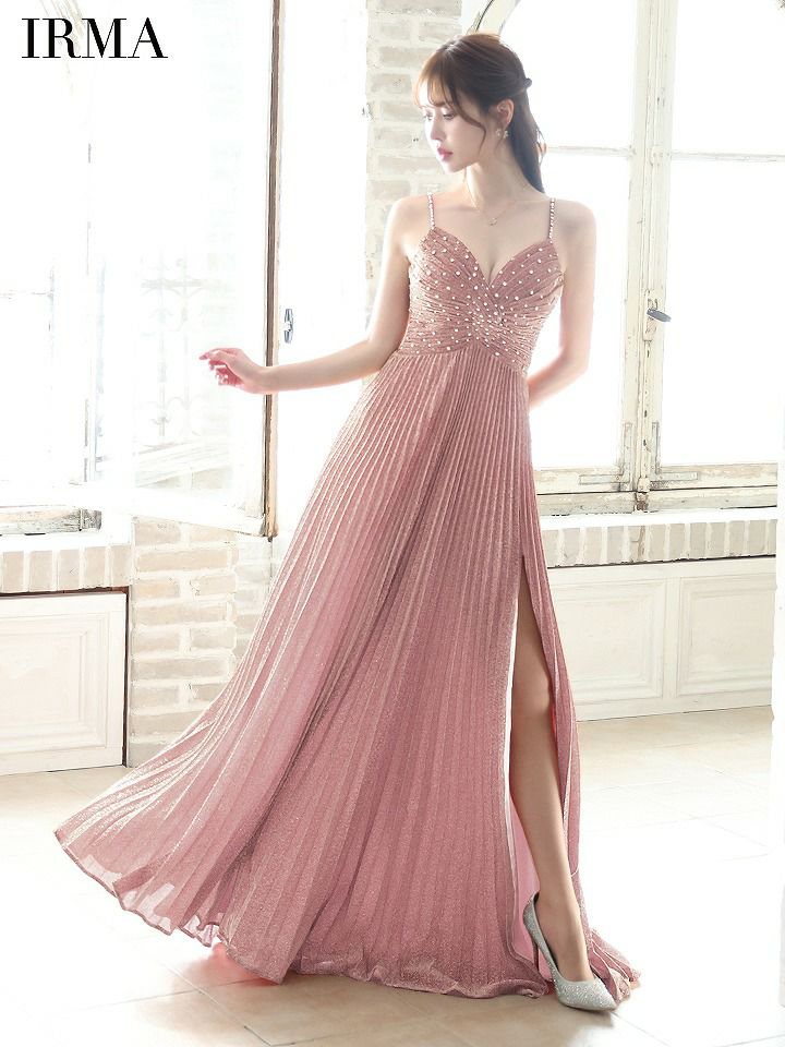 IRMA イルマ ワンカラー/ラメニット/ビジュー/スリット入り/プリーツ/ロングドレス ir51799-c
