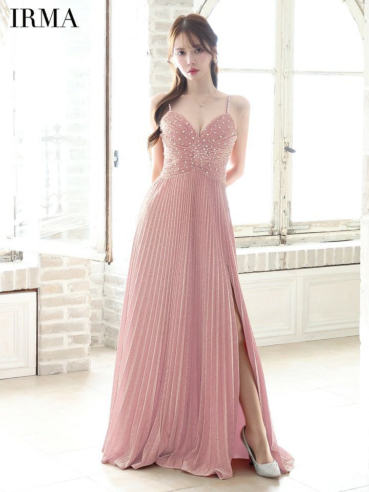 IRMA イルマ ワンカラー/ラメニット/ビジュー/スリット入り/プリーツ/ロングドレス ir51799-c