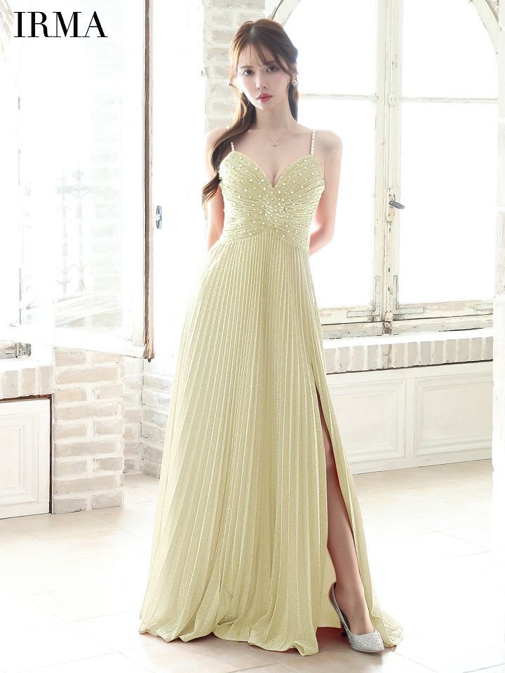 IRMA イルマ ワンカラー/ラメニット/ビジュー/スリット入り/プリーツ/ロングドレス ir51799-c