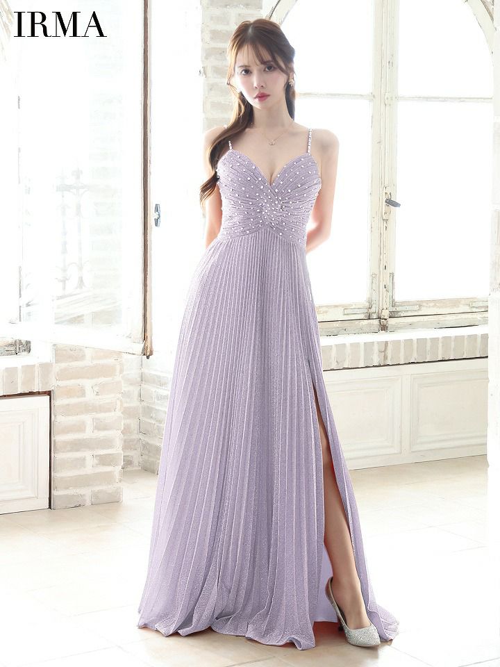 IRMA イルマ ワンカラー/ラメニット/ビジュー/スリット入り/プリーツ/ロングドレス ir51799-c