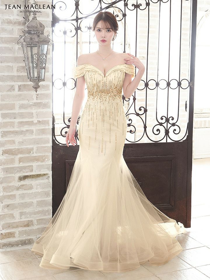 JEAN MACLEAN ジャンマクレーン オフショル/ゴールド×クリスタルビジュー/マーメイド/タイト ロングドレス ja51804-c
