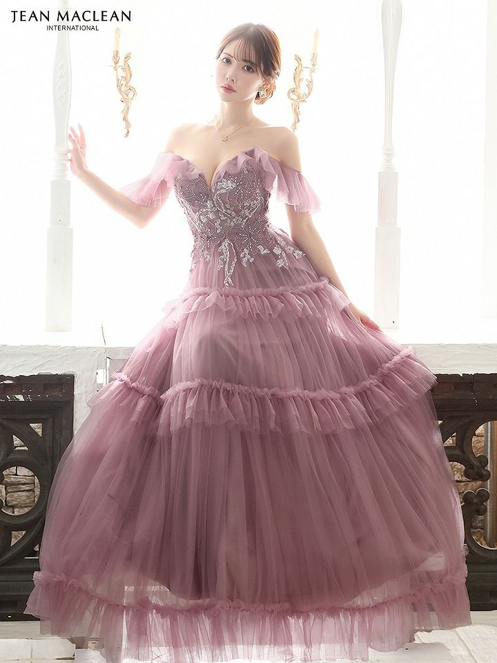 JEAN MACLEAN ジャンマクレーン オフショル/ビーズ刺繍/3段フリルチュール/姫/ロングドレス ja51805-c