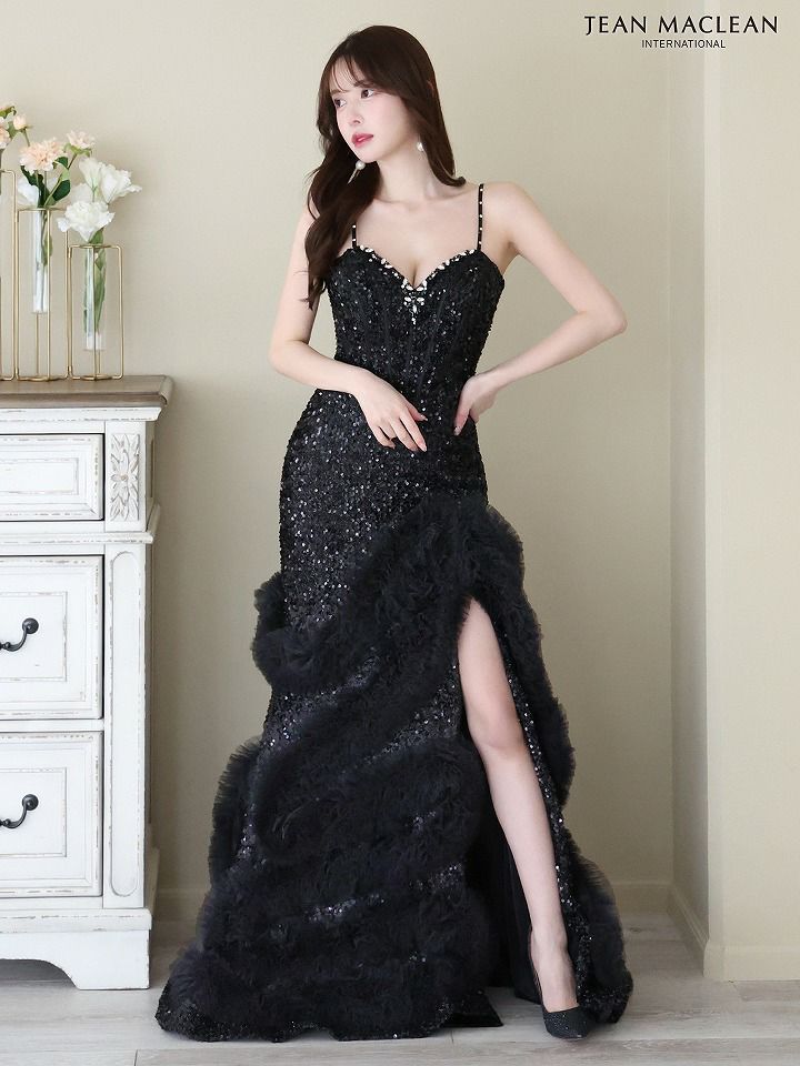 JEAN MACLEAN ジャンマクレーン スパンコール/ボリュームファー/マーメイド/スリット入り/タイト/ロングドレス ブラック ja41670-ks