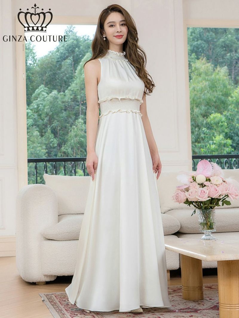 ERUKEI エルケイ ホワイト シンプル・ワンカラー・ハイネック・首元フリル・シンプル・ウエストマーク・マキシ・ノースリーブ・Aライン・ロングドレス ek-c22165-9