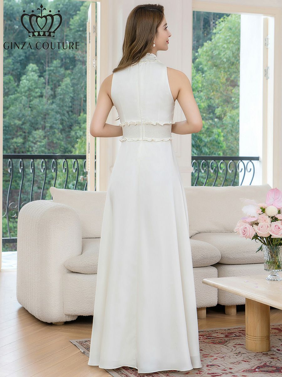 ERUKEI エルケイ ホワイト シンプル・ワンカラー・ハイネック・首元フリル・シンプル・ウエストマーク・マキシ・ノースリーブ・Aライン・ロングドレス ek-c22165-9