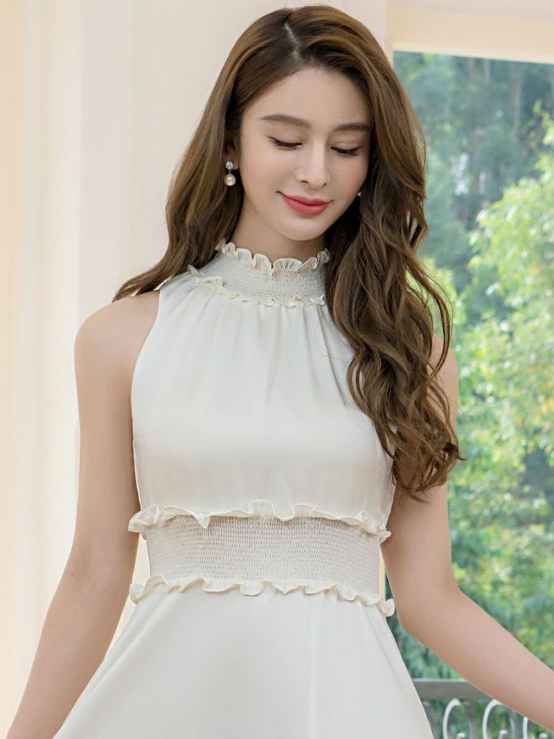 ERUKEI エルケイ ホワイト シンプル・ワンカラー・ハイネック・首元フリル・シンプル・ウエストマーク・マキシ・ノースリーブ・Aライン・ロングドレス ek-c22165-9